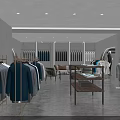Modern Clothing Store Interior With Racks Of Blue Gray White Garments And Display Shelves