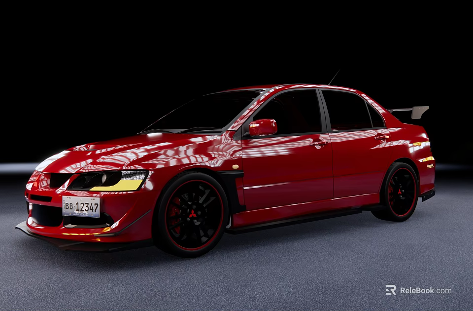 Red Modified Sporty Sedan With Black Wheels Rear Spoiler And Headlights 3d model 