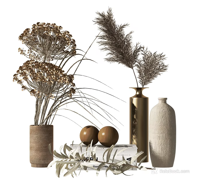 Stylish Decorative Ornament Set Featuring Dried Flowers Golden Textured Vases Wooden Spheres And Leaf Decorations 3d model 