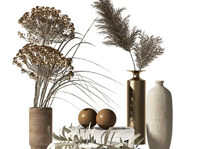Stylish Decorative Ornament Set Featuring Dried Flowers Golden Textured Vases Wooden Spheres And Leaf Decorations 3d model