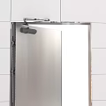 Stainless Steel Swing Door With Hinges Open On White Tiled Wall Interior