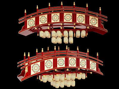 Traditional Oriental Art Installation Featuring Red Arched Structures Golden Decorations Circular Patterns And Hanging Lanterns 3d model
