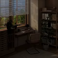 Cozy Study Room Interior With Window Blinds Green View Wooden Desk Bookshelf And Potted Plants