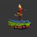 3D Character Standing On Decorative Platform With ICONOCLASTS Text Green Leaves And Red Flowers