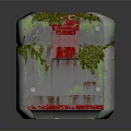 Cube Shaped Decorative Household Item with Moss Covered Surface and Red Silver Accents