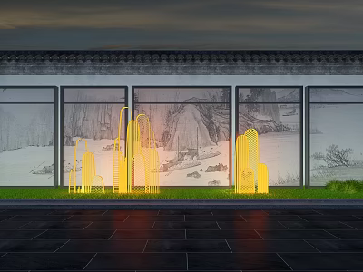 Feature Wall With Landscape Art Yellow Geometric Decor Green Lawn And Black Tiles 3d model