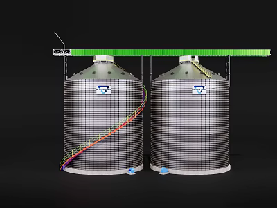 Two Silver Cylindrical Industrial Storage Tanks With Green Overhead Beam Mesh Structure And Colored Pipes 3d model