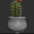 Cactus Bonsai Potted Plant with Orange Flower Gray Speckled Pot and Three Legged Base