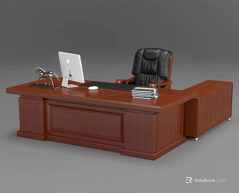 Classic Wooden Office Desk With White iMac Lamp Stack Of Books And Leather Chair 3d model 