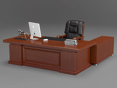Classic Wooden Office Desk With White iMac Lamp Stack Of Books And Leather Chair 3d model