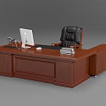 Classic Wooden Office Desk With White iMac Lamp Stack Of Books And Leather Chair