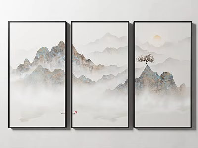 Chinese Ink Style Three Panel Landscape Painting with Misty Mountains Sun and Lone Tree 3d model
