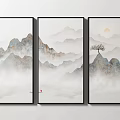 Chinese Ink Style Three Panel Landscape Painting with Misty Mountains Sun and Lone Tree