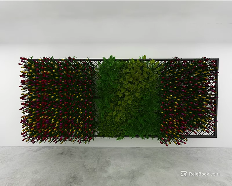 Hanging Basket Plants on Indoor Wall with Black Frame and Colorful Green Red Leaves 3d model 