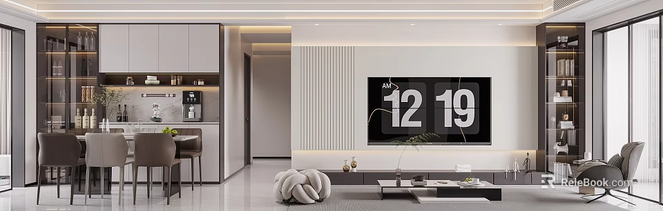 Modern Living And Dining Room Interior With Wall TV And Decorative Elements 3d model