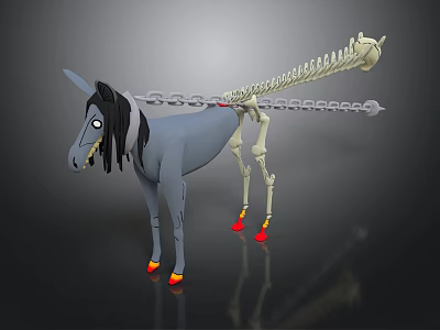 Cartoon Style Gray Horse With Front Complete Body And Back Skeleton Red Yellow Hooves 3d model