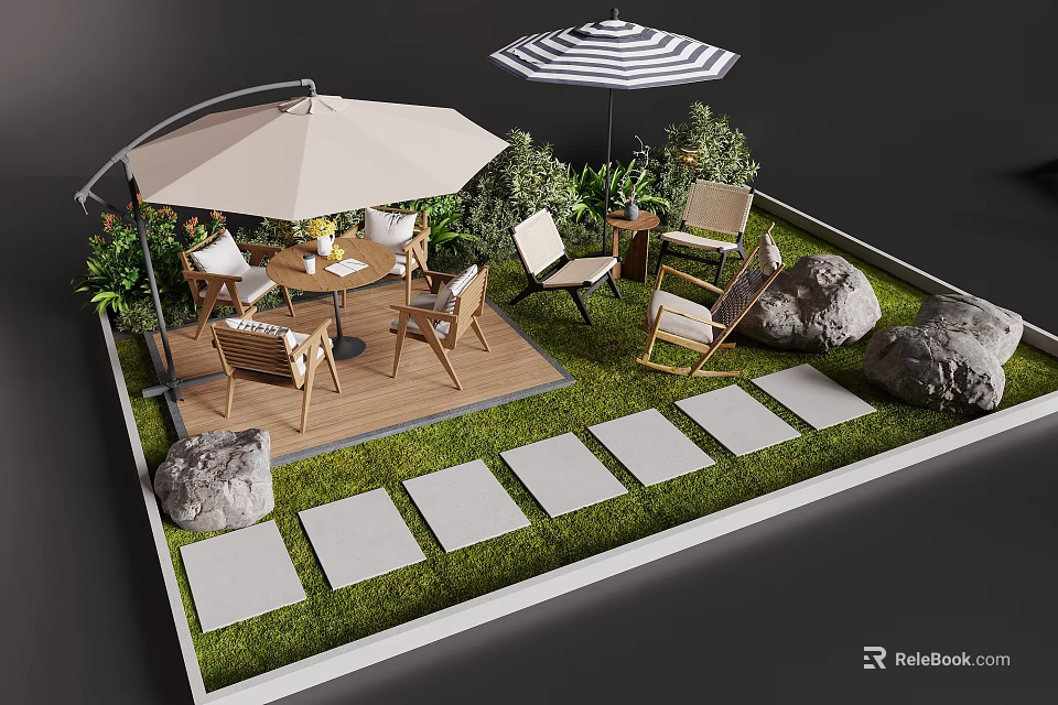 Outdoor Table and Chair Set With Umbrellas Lawn Stone Path Rocks and Plants 3d model 