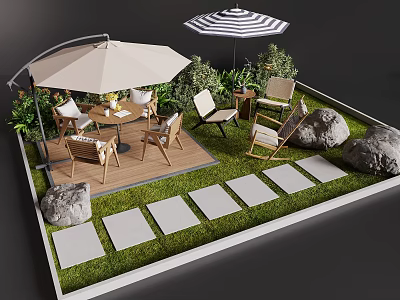 Outdoor Table and Chair Set With Umbrellas Lawn Stone Path Rocks and Plants 3d model