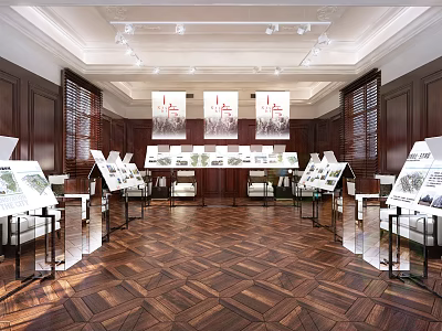 Elegant Exhibition Hall With Wooden Walls Dark Herringbone Flooring White Ceiling Lights And Display Racks 3d model