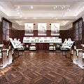 Elegant Exhibition Hall With Wooden Walls Dark Herringbone Flooring White Ceiling Lights And Display Racks