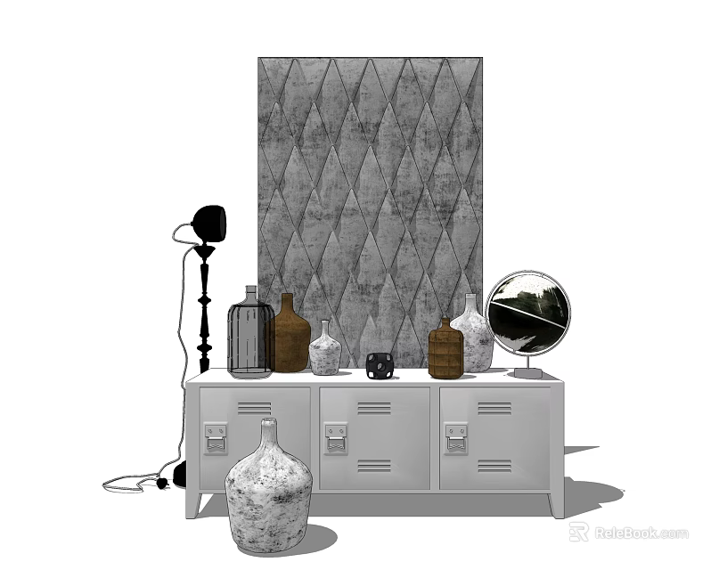 White Console Sideboard With Drawers Decorative Vases Table Lamp Globe And Diamond Patterned Wall 3d model 