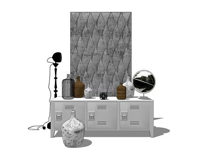 White Console Sideboard With Drawers Decorative Vases Table Lamp Globe And Diamond Patterned Wall 3d model