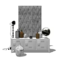 White Console Sideboard With Drawers Decorative Vases Table Lamp Globe And Diamond Patterned Wall