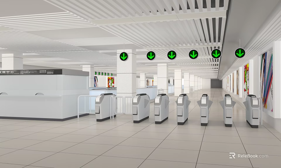 Modern Station Hall Interior With Turnstiles Green Directional Arrows And Ceiling Design 3d model 