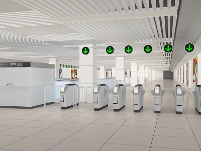 Modern Station Hall Interior With Turnstiles Green Directional Arrows And Ceiling Design 3d model