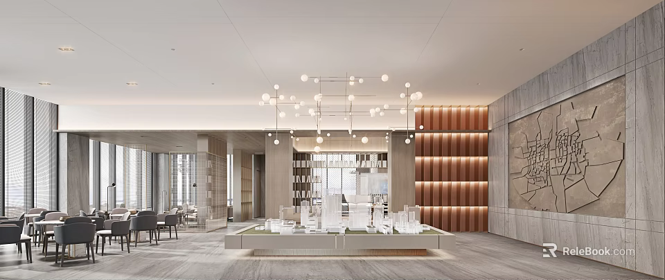 Modern Sales Office With Chandelier Model Display Platform Wooden Wall And Floor To Ceiling Windows 3d model 