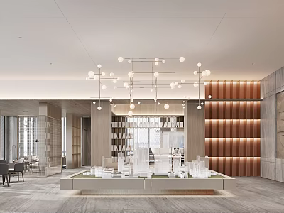 Modern Sales Office With Chandelier Model Display Platform Wooden Wall And Floor To Ceiling Windows 3d model