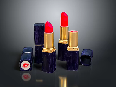Stylish Dark Blue And Gold Lipstick With Red Shade And Small Box With Lip Print 3d model