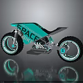 Futuristic Teal Motorcycle With SPACE BIKE Design And Neon Lit Wheels