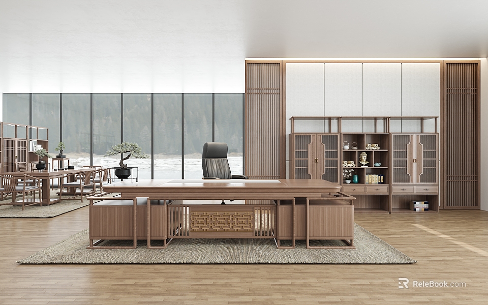 Spacious Modern Office Interior Design With Wooden Desk Floor to Ceiling Windows Bookcases And Green Plants 3d model 