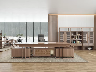 Spacious Modern Office Interior Design With Wooden Desk Floor to Ceiling Windows Bookcases And Green Plants 3d model