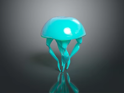 Turquoise Jellyfish with smooth bell-shaped body and tentacles on dark background with reflection 3d model