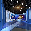 Blue Studio Interior With Large Screens Presenter Desk And Lighting Setup 3d model