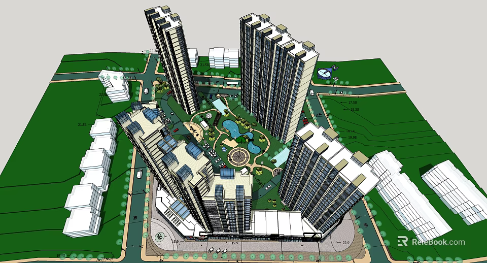 Modern High Rise Residential Complex With Central Garden Green Spaces And Recreational Areas 3d model 
