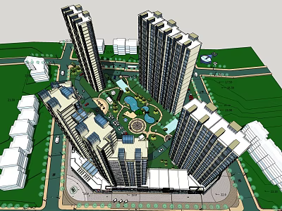 Modern High Rise Residential Complex With Central Garden Green Spaces And Recreational Areas 3d model