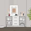 Modern Minimalist Sideboard With Decorations Coffee Machine And Tableware Near Green Plant