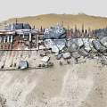 Abandoned Rusted Metal Construction Components With Scattered Stones And Sandy Soil