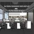 Modern Public Office Space Interior With Desks Ergonomic Chairs Large Windows And Bookshelves 3d model