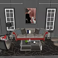 Modern Sofa and Coffee Table Set with Armchair Patterned Rug Windows and Wall Art 3d model