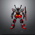Robot Mecha Character With Red White Gray Armor Shield Antenna Standing Pose
