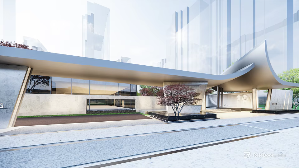 Modern Sales Office Building With Glass Curtain Wall Unique Roof Outdoor Tree And Paved Ground 3d model 