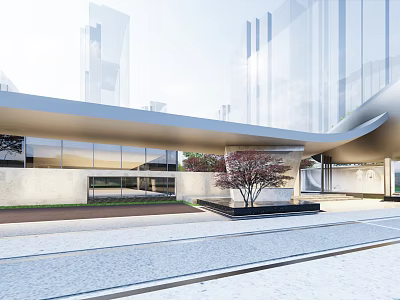 Modern Sales Office Building With Glass Curtain Wall Unique Roof Outdoor Tree And Paved Ground 3d model