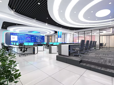 Modern Monitoring Room Interior With Control Consoles Multiple Screens And Ergonomic Chairs 3d model
