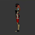 Futuristic Female 3D Character With Green Hair Helmet Black Red Outfit Gold Accents