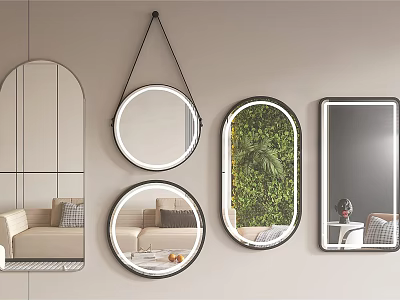 Decorative Wall Mounted Mirrors In Various Shapes Reflecting Interior Scenes 3d model