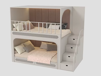 White Bunk Bed With Staircase Drawers Upholstered Headboard Pink Blanket And Pillows On Lower Bunk 3d model